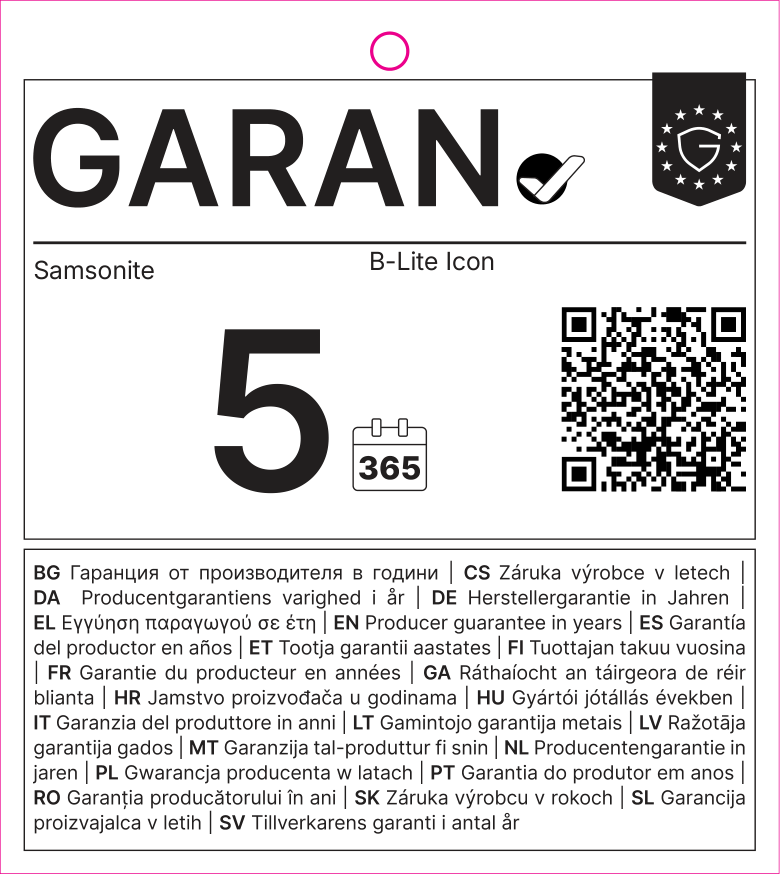 EU GARAN label: producer guarantee of durability in years: 5.0 – Samsonite