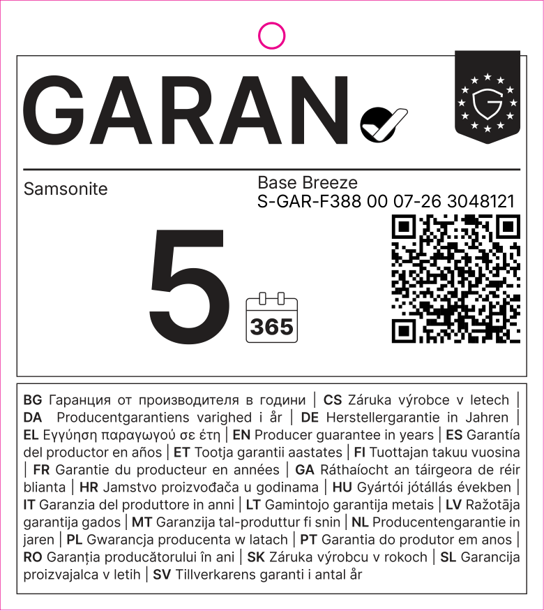 EU GARAN label: producer guarantee of durability in years: 5 – Samsonite