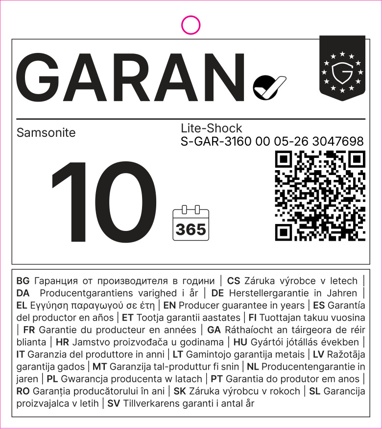 EU GARAN label: producer guarantee of durability in years: 10 – Samsonite