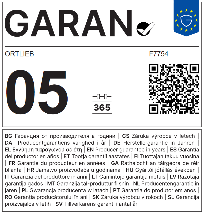 EU GARAN label: producer guarantee of durability in years: 5.0 – Ortlieb
